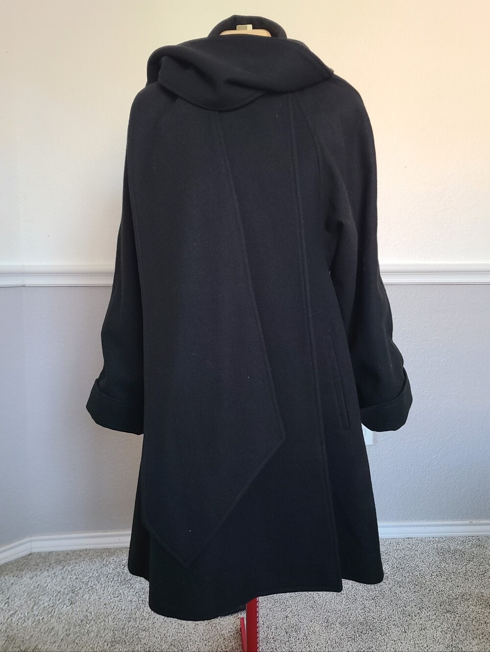 VTG 80s Black Wool Scarf Swing Raglan Sleeve Long Double Breasted Coat Size L